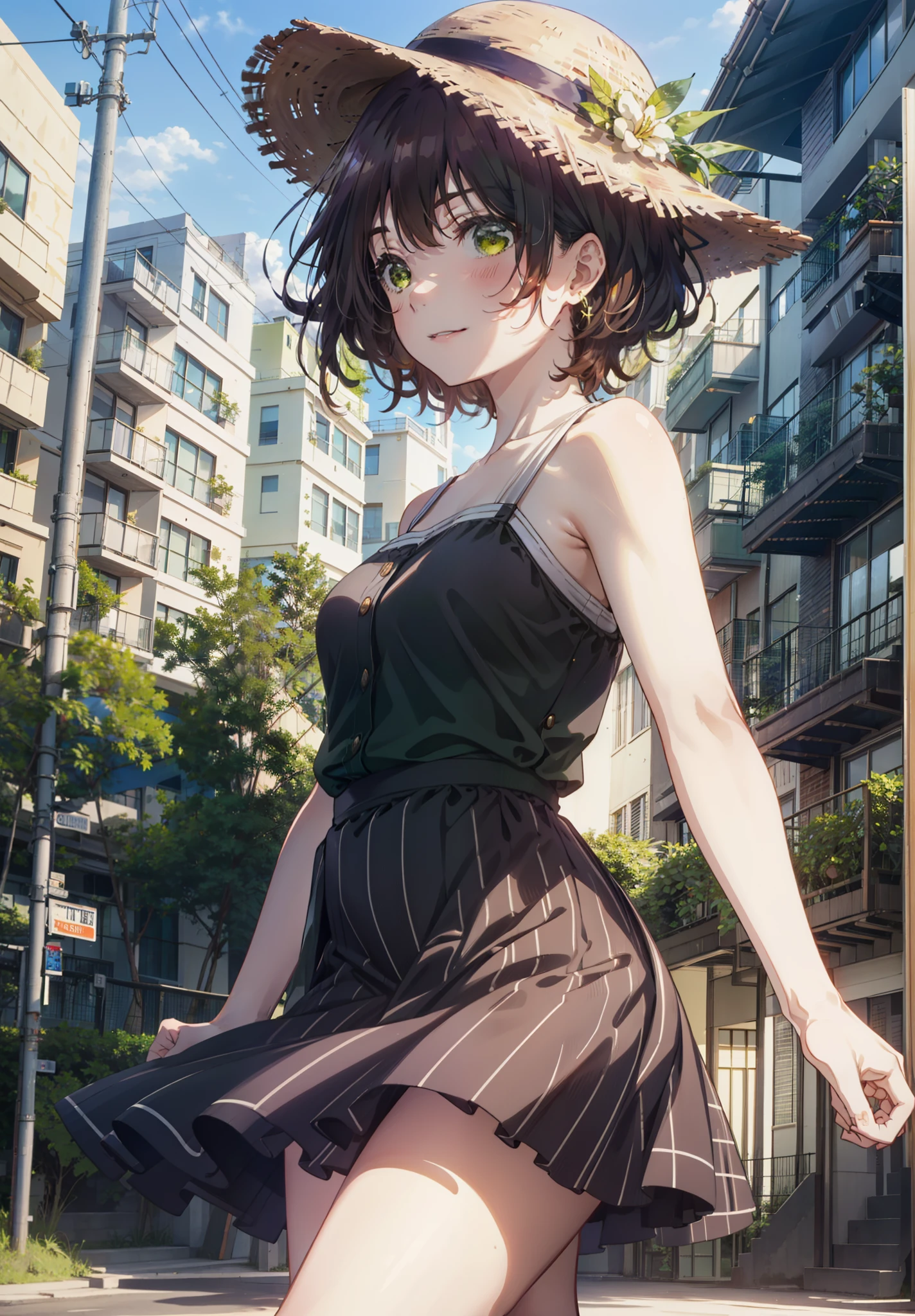 Seven days, Aoi Hinami, short hair, bangs, Brown Hair, (Green Eyes:1.5), smile,Straw hat,Sleeveless dress,Bare arms,Long skirt,Cute heeled sandals,Walking,morning,morning陽,The sun is rising,Palm tree,whole bodyがイラストに入るように,
break outdoors, Coastal Road,tropical,
break looking at viewer,whole body,
break (masterpiece:1.2), Highest quality, High resolution, unity 8k wallpaper, (figure:0.8), (Beautiful attention to detail:1.6), Highly detailed face, Perfect lighting, Highly detailed CG, (Perfect hands, Perfect Anatomy),