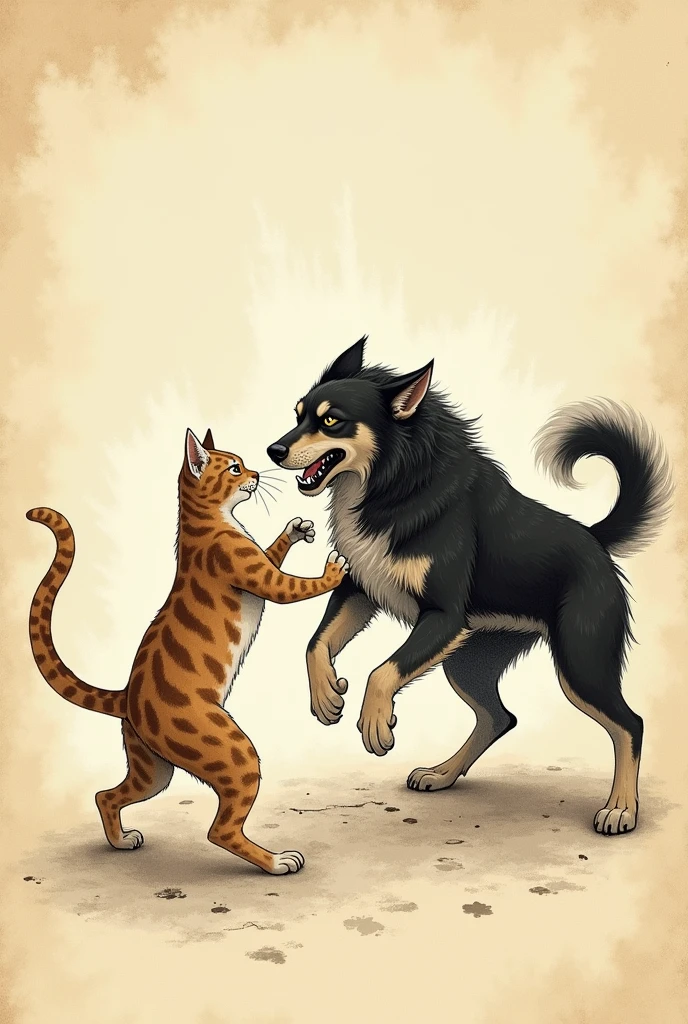 a cat and a dog fighting, book style 