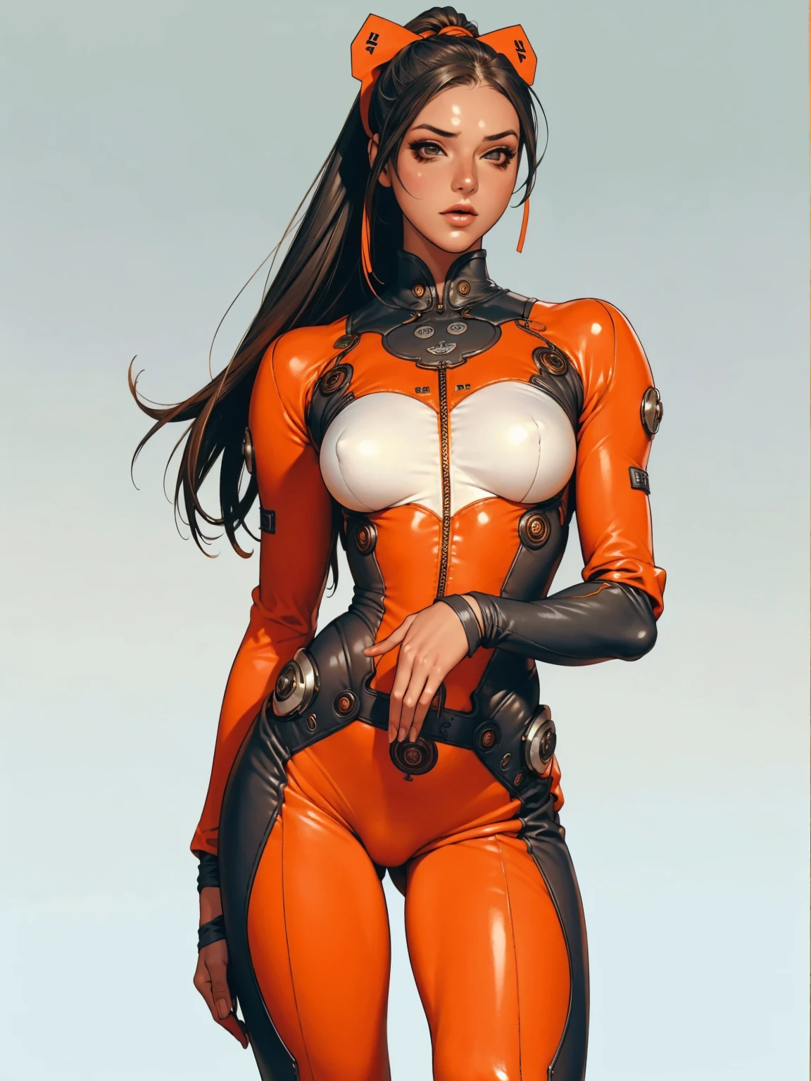 (((short arms))), ((( bike rider suit ))), (((bandaged arms))), ((high collar)), (((light blue and orange suit))), (((best qualityer: 1.4))), (Unbeatable masterpiece), (hiper HD),(CG 8k hyper-realistic), (((brave face))), (((breasts big))), (((hyper feminine))), sexly girl, Kaneda bike,（black bob hair)), ((( sculptural body ))), (((1 Kizi))), Kizi cibernética de 25 anos com perfectbody,,Beautiful and well-groomed face,muscular body:1.2,solid color detailed jacket, (Head to thigh photos)， Complex equipment, green dark，Long pants，Tight clothes are dark，With white stars and off-white stripes,,,,,Armor Metal Electronic Parts, Poison tattoos ) INFO, Kizi, (((standing alone))), pirralha violent, ((())), sexly, pose de atitude, work of art, post-apocalypse, (((manga style))), bounty hunter, violent, Manic, the way you want, slenderbody, thin but strong, perfectbody, roupa moderna, advanced technology, neon, sleeves with vertical striped pattern, neutral background, (( cowboy shot )). intricate visual