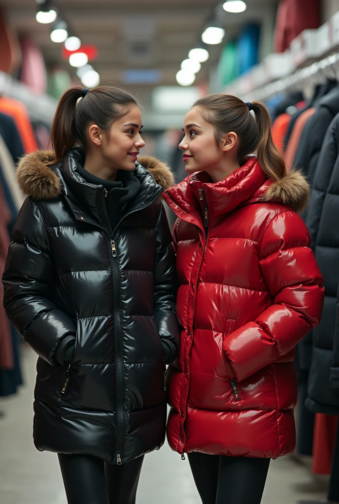  a slim ponytail 16 year old girl and her bestie walking in a pufferstore,beautiful detailed eyes,beautiful freckles,beautiful detailed lips,extremely detailed eyes and face,longeyelashes, wearing beautiful detailed full length skintight airtight hood covering her head formfitting duvetica overfilled shiny super gleamy super thick glossy puffer vest covering over her  super padded  high-collared pufferjacket, shiny latex  leggings,symmetrical,masterpiece,cinematic,lifelike,hyperrealistic,8k,photorealistic,highly detailed,intricate,exquisite,elegant,beautiful,stunning, trying puffer jackets