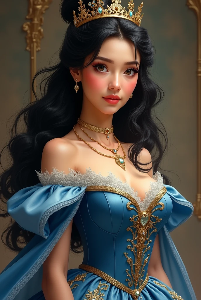 woman, black hair, elegant hairstyle, golden crown, large bust, princess dress, decorated blue dress, looking at the camera, photorealistic