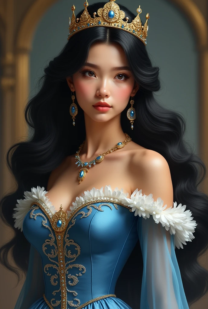 woman, black hair, elegant hairstyle, golden crown, large bust, princess dress, decorated blue dress, looking at the camera, photorealistic