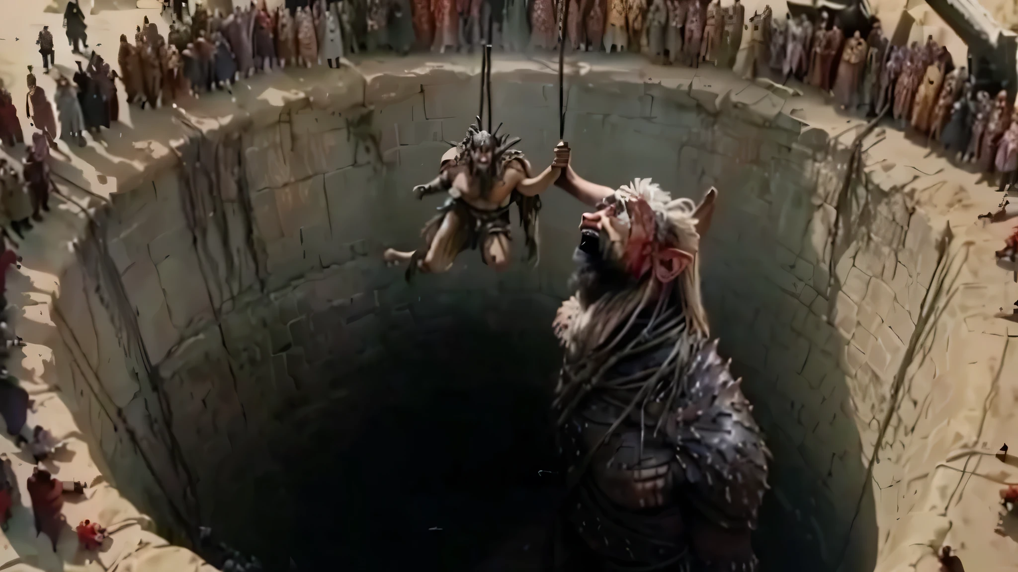 arafed man hanging from a rope in a hole with people around, towering giant made of zombies, big titan creature in the center, fantasy movie still, the pits of hell, scene from live action movie, weta fx, biblical epic movie, still from a live action movie, rescue from the underworld!!!!!!, slave, tar pit, circle pit demons