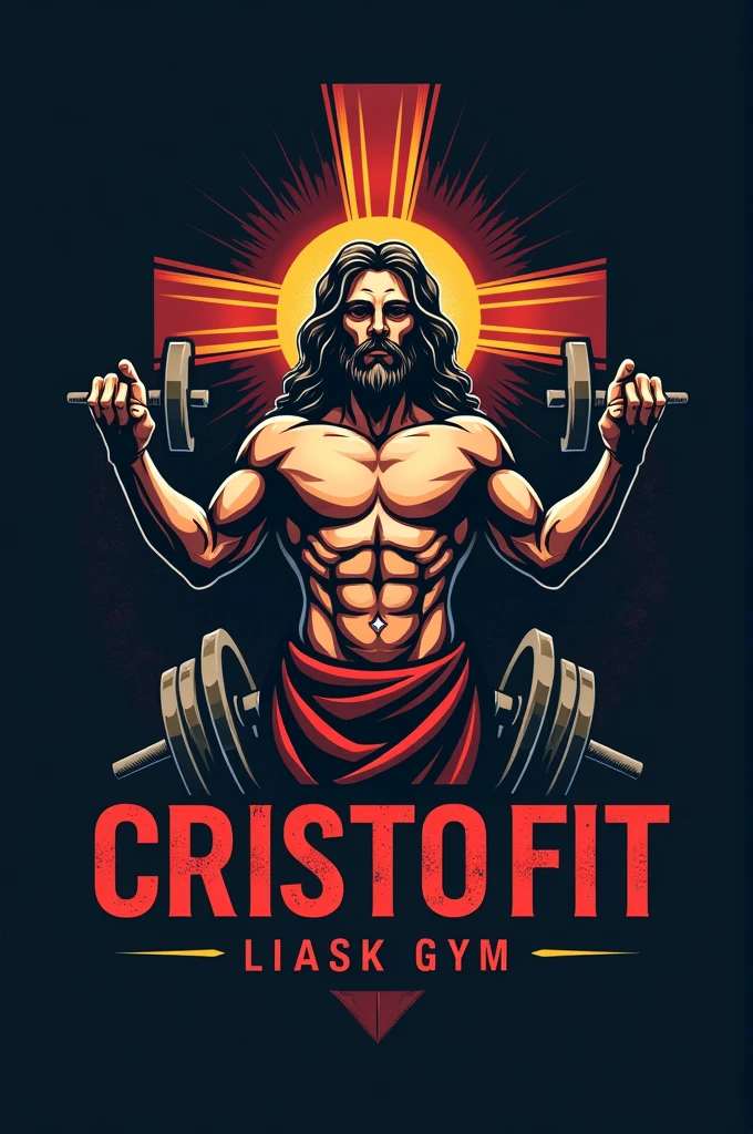 Believe me A logo for a gym business called 
CristoFit
A picture where there is a cross, some weights, a strong Jesus overcoming death 