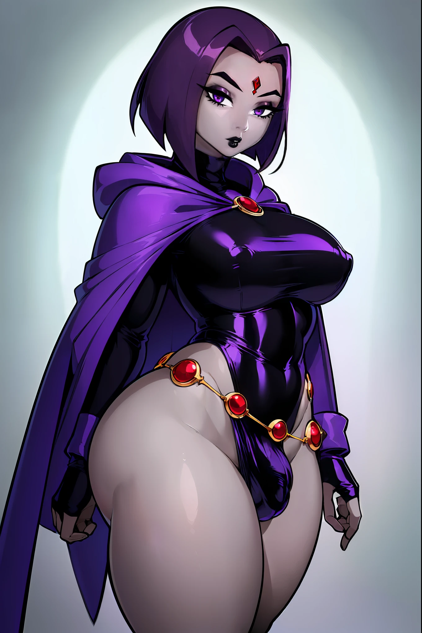 (solo:1.1),(masterpiece), (best quality:1.3),, (ultra detailed), (intricate), professional art, digital art, absurdres, shadraven, (Full body view:1.3), (far away view:1.1), 1girl, solo, (grey skin:1.4), dark purple hair, bob hair, dark purple eyes, hips wider than shoulders, pear shaped body, jewellery, detailed thighs, (thick thighs:1.3), red jewel in forehead, jewels, (long sleeved turtleneck leotard:1.4), (Red jewel Belt), (red jewel brooch), cuffs, small breasts, nipple bulge, (raven long dark purple hooded cape), (Shadraven brooch:1.2), Shadraven jewel belt, Shadraven wearing a long sleeved leotard with a hooded cape and fingerless gloves, (long legs:1.3), ( detailed long thick veiny crotch bulge with veins showing through clothing:1.4), large penis, large testicles, (side view), looking at viewer, (bubble butt) , gluteal crease, universal lighting,(Detailed ass),