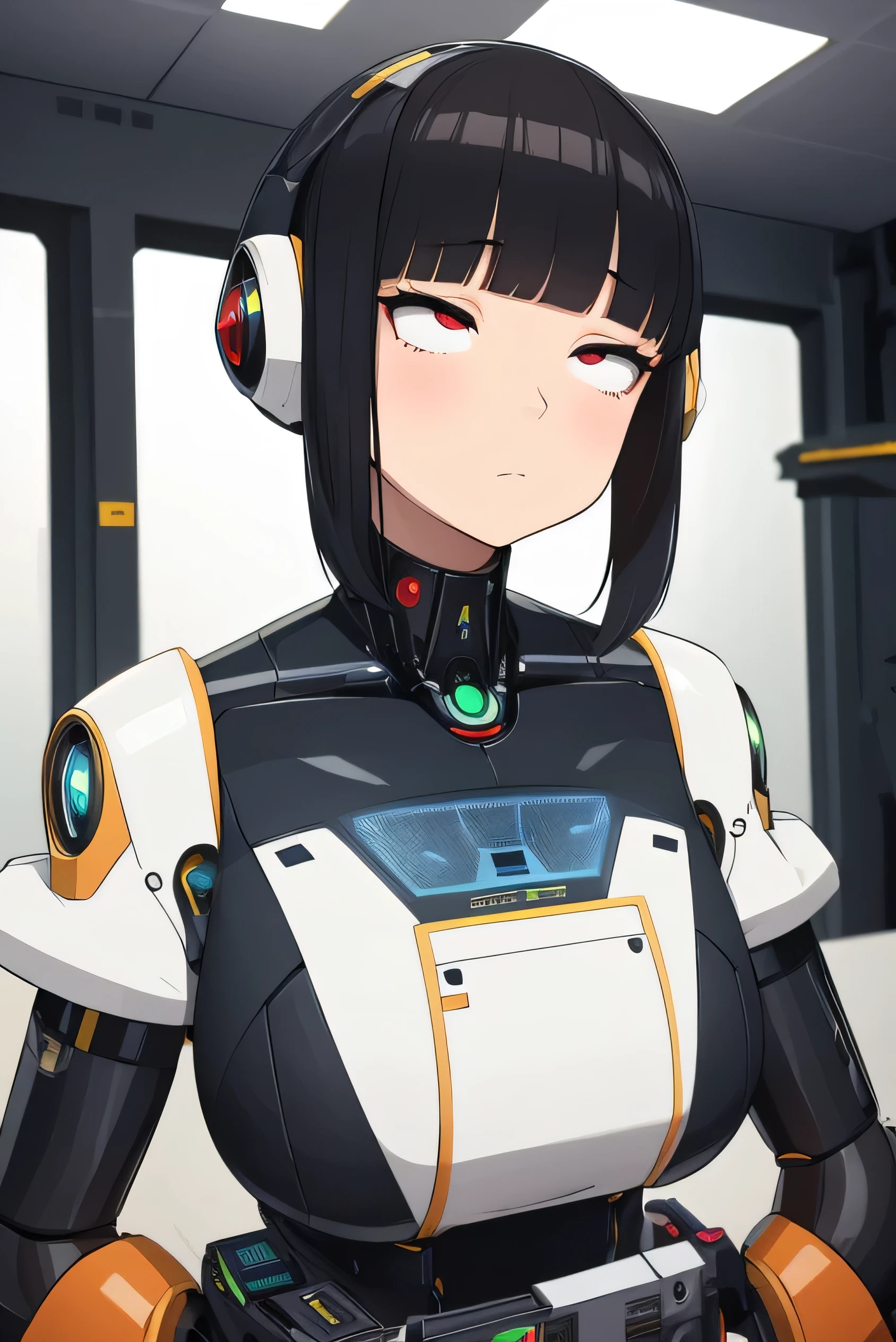masterpiece, best quality, extremely detailed, Japaese android girl,portrait,Plump,a bit chubby,control panels,android,Droid,Mechanical Hand, Robot arms and legs, Black hair,Blunt bangs,perfect robot girl,long tube,thick cable connected her neck,android,robot,humanoid,cyborg,japanese cyborg girl ,robot-assembly plant,She is assembling now,assembly scene,reprogramming,error,red eyes,rolling eyes,chest monitor