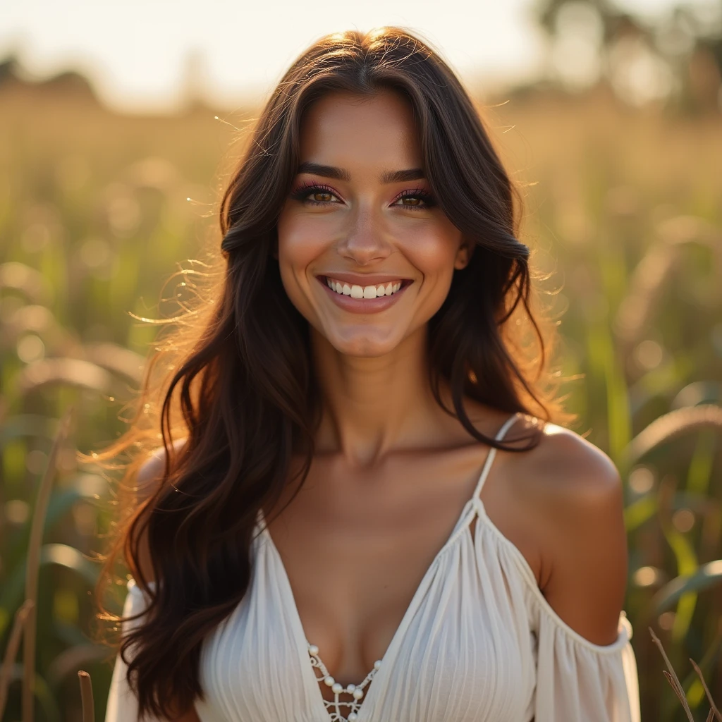 photo of a 22 year old girl, whole body, smiling, Latina girl, beautiful latina, in a white hippie dress, (1 girl), (realist), (photo-realist:1.5), lipstick,(realistic photo,natural, 8k uhd, film grain), sharp eyeliner, Blush Eyeshadow with Thick Lashes., extremely delicate and beautiful, (full body shot:1.6), 8k, Soft lighting, high quality, High resolution, sharp focus, extremely detailed, (sunlight on the face), beautiful detailed eyes, extremely detailed eyes and face, masterpiece, cinematic lighting, (very detailed skin:1.2), 8k uhd, DSLR, Soft lighting, high quality, film grain, Fujifilm XT3