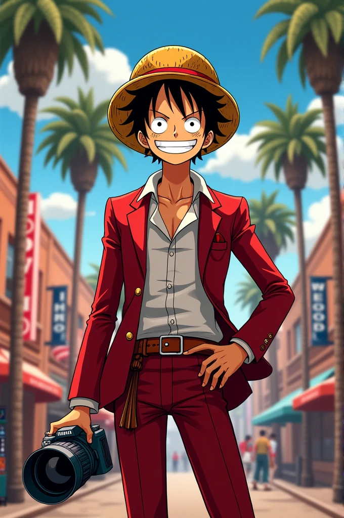 Luffy from One Piece wearing Hollywood clothing holding a camera in his hand