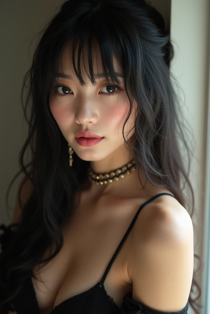 (((One person,alone))),(Highly realistic photos, High resolution, Detailed face, Beautiful Eyes) Japanese women, 30 years old, Cute Face, Nice body, Medium chest, ,Hairstyle, Take a photo book,Healthy Body,Thighs、turn over、Depth of written boundary,panties、Narrow eyes,Light Smile、Bayonetta cosplay、Backlight