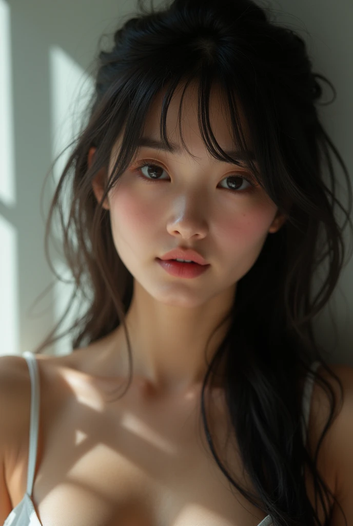 (((One person,alone))),(Highly realistic photos, High resolution, Detailed face, Beautiful Eyes) Japanese women, 30 years old, Cute Face, Nice body, Medium chest, ,Hairstyle, Take a photo book,Healthy Body,Thighs、turn over、Depth of written boundary,panties、Narrow eyes,Light Smile、Bayonetta cosplay、Backlight