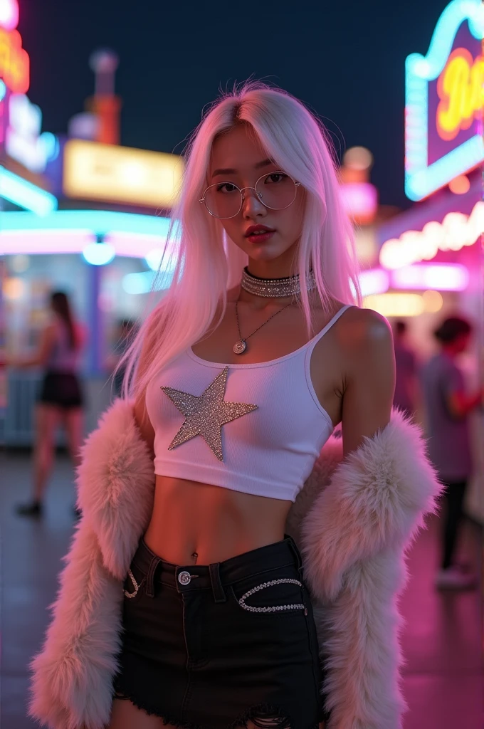 I want a girl with long white hair wearing a white mini crop top with a star in the middle and a black denim mini skirt and knee-high boots that look like fur,She will be wearing silver Y2K glasses,She will be at an amusement park at night,She will be posing for the camera