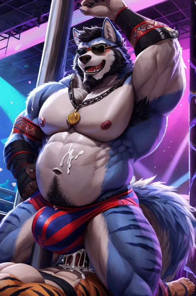 ((best quality)), ((masterpiece)), (Ultra detailed), ((4k)).
Anthro Wolf , Light Blue Fur , black Short Hair , Black Beard , Tiger Stripe Fur , Handsone , Good Looking , Green Eyes ,(Eyes Details), Middle Ages , Huge Pecs , Bodybuilder Fat Belly , Club , cute pose , sunglasses , Dancing Pole , neckless , huge bulge , gangbang , anal sex , anal , cum , cum in ass , cum on body