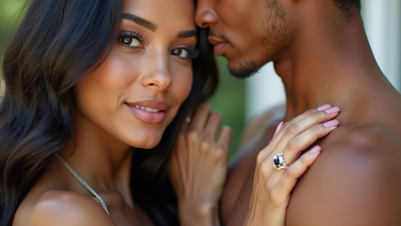 a close up of a young afroamerican man and beautiful Latin woman with dark skin chocolate color eyes looking at viewer emerald green color, seductive big body balanced , perfect beauty, long silky hair with waves embracing each other, intimate holding close, man and woman in love, engagement ring ads, by Emma Andijewska, by Matt Cavotta, hand on his cheek, couple pose, couples portrait, arm around her neck, couple portrait, man and woman, lovely couple, holding each other hands