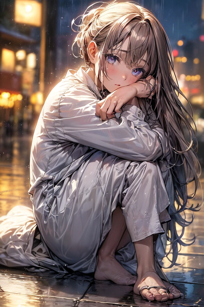 (amazing detail, amazing eyes masterpiece, best quality:2.0, depth of field hdr 8k 4k wallpaper cinematic angle, cinematic lighting:1.5), (master quality, amazing detail, amazing eyes), ((detailed deep purple eyes)),  1girl, nighttime, pouring rain, wet ground, naked except for her teal pyjama top, detailed purple eyes, caramel-blonde hair, she is sitting on the ground with her bum on the wet floor while hugging her own legs for warmth. She is visibly depressed and pale with illness. The only source of light is the dull amber glow of a modern street light, her clothing sticks to her skin, the light does not reflect off her clothing, and her pyjama top is made of linen or flannel material. 