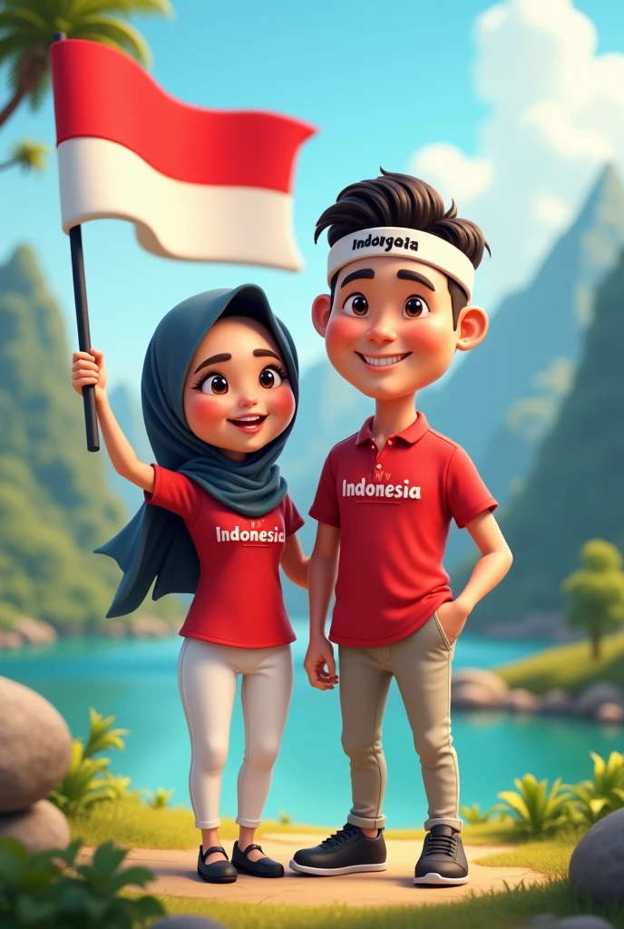 5D cartoon of a beautiful woman wearing a hijab and a handsome Indonesian man wearing a headband with the words "Indonesia" 22 years old, Smile sweetly. Indonesia, Indonesian woman wearing a red shirt that says "MV Indonesia", and white pants and black shoes holding the Indonesian flag August. with a mountainous and lake backdrop. Picture according to prompt.