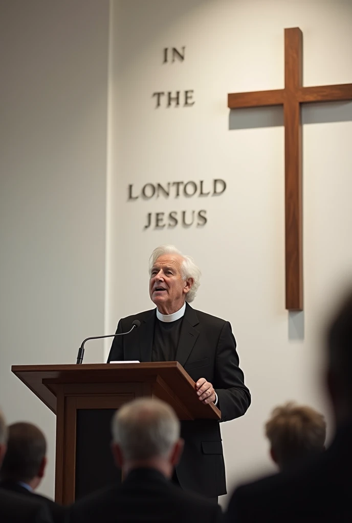 A pastor of an evangelical church. He is white, senior citizen, with white hair,
is in a black suit preaching the word of the Lord. Do it inside a white church, without images or cross. at the back of the church, write the following sentence on the wall "IN THE NAME OF THE LORD JESUS". Remove the cross from the image and don't put any Jesus sculptures
