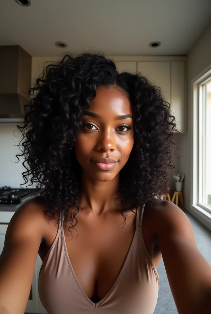 there is a black woman , the woman has curly black curly, she has brown skin, with dark brownish skin, with long curly, long black wet bouncy curls she is taking a long shot selfie in her modern kitchen