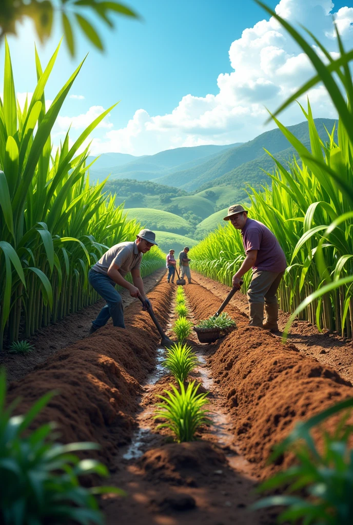 Sugarcane planting , at the beginning of the sugarcane block ,