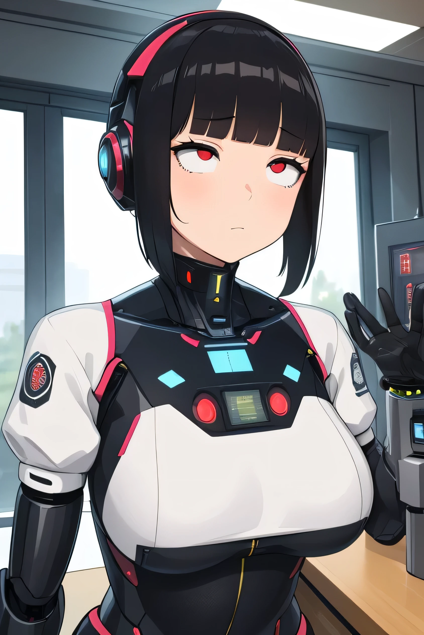 masterpiece, best quality, extremely detailed, Japaese android girl,portrait,Plump,a bit chubby,control panels,android,Droid,Mechanical Hand, Robot arms and legs, Black hair,Blunt bangs,perfect robot girl,long tube,thick cable connected her neck,android,robot,humanoid,cyborg,japanese cyborg girl ,robot-assembly plant,She is assembling now,assembly scene,reprogramming,error,red eyes,rolling eyes,chest monitor