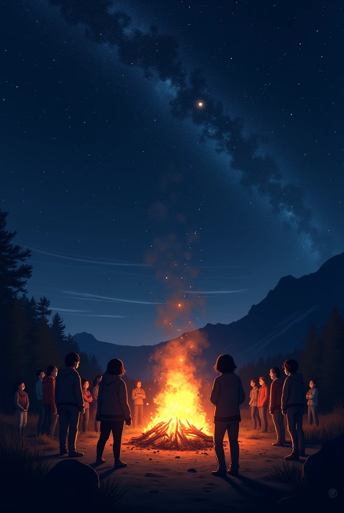 Bonfire at night, starry sky 