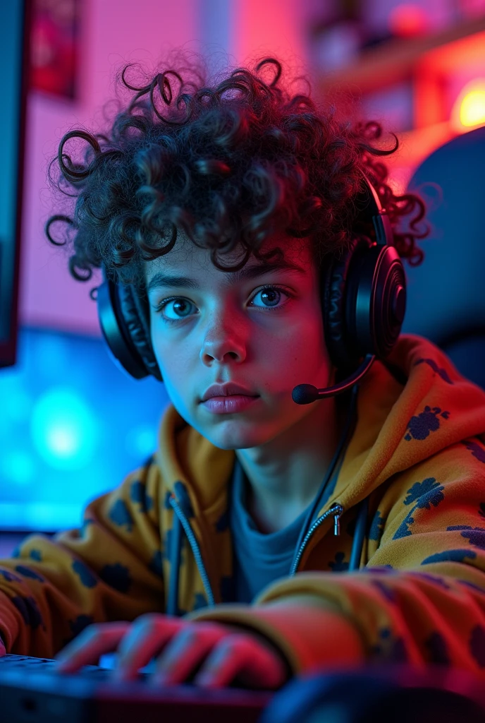 Create a gamer, with curly hair