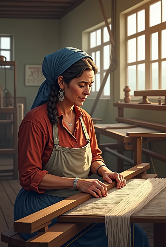 Design a graphic logo featuring a rural woman sitting weaving in a textile factory.