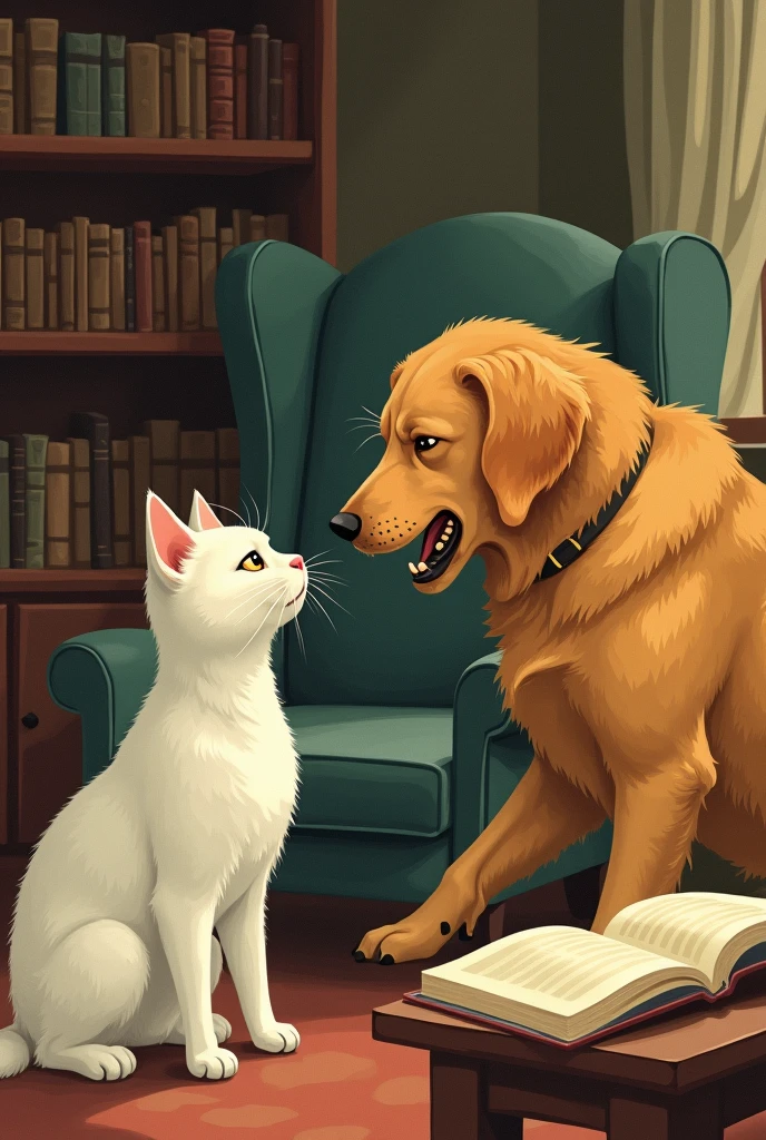 a cat and a dog, The cat is white, The dog is a golden retriever having a fight, book style 