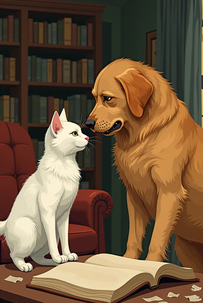 a cat and a dog, The cat is white, The dog is a golden retriever having a fight, book style