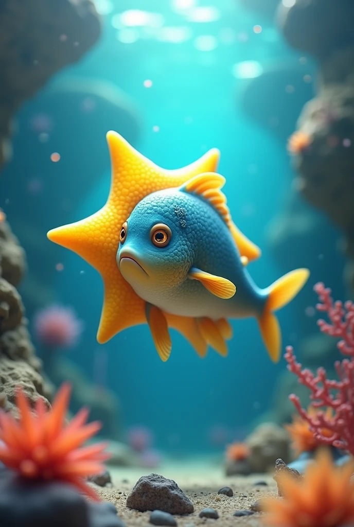  a fish in a fish tank, the fish that has a yellow star-shaped collar 
