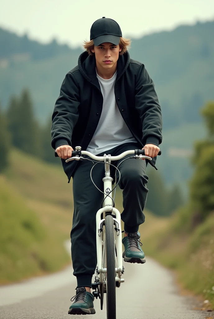 Draw a teenager from the countryside,with a white bike. He's wearing a black jacket and a white shirt, Sweatpants. with black cap