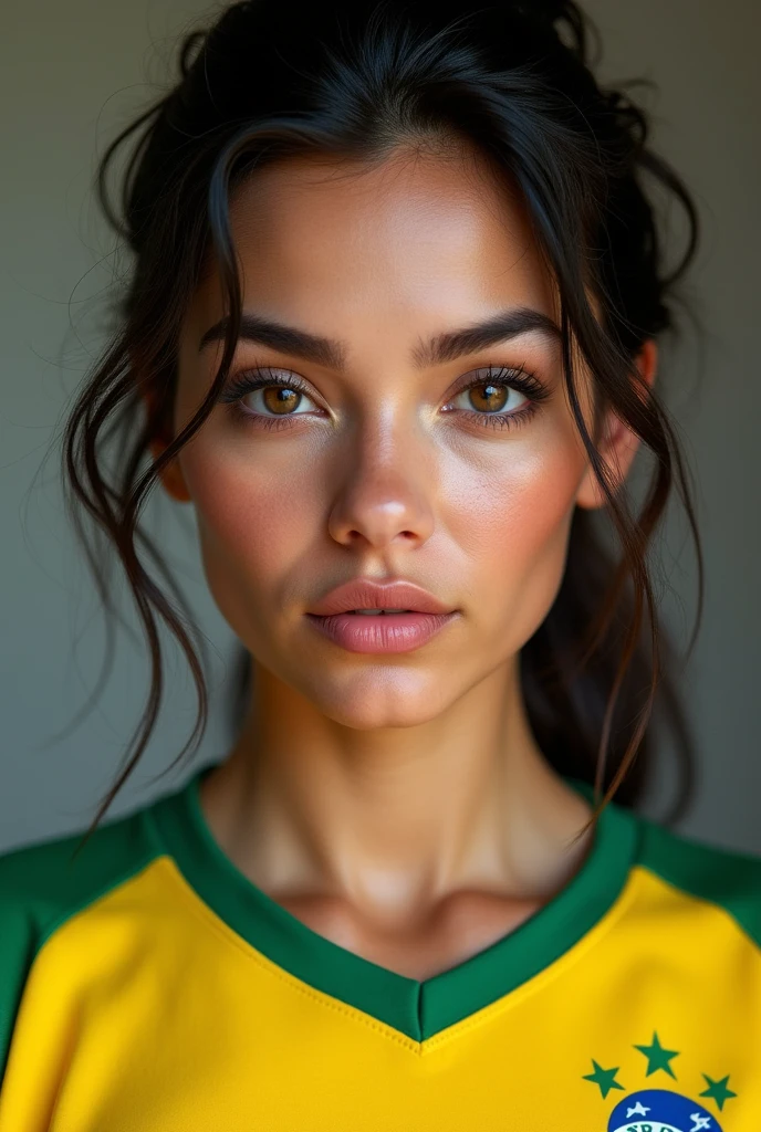 22 year old Latina woman with big lips big breasts and a Brazilian football jersey with very realistic facial features and you shouldn&#39;t see that it&#39;s a sitting AI and less makeup with a few flaws to be more realistic with falseness and less red face and face with a little dark circles and hair a little badly styled and a slight bump on the nose and small flaws 