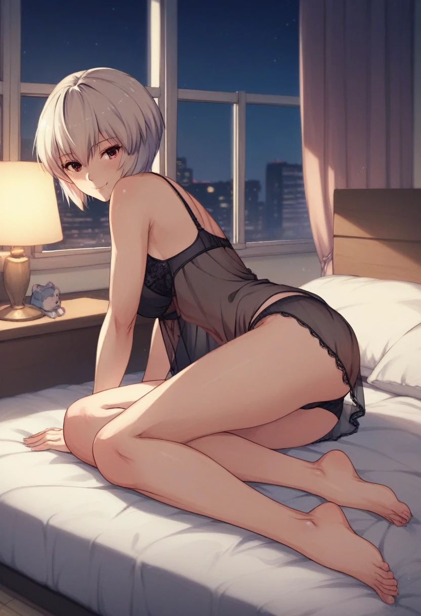 masterpiece, Best quality, Rei Ayanami, One, Sultry smile, Barefoot, From the side, ((((Black Sukesuke Nightgown)))), (Black Bra,Panties))),Away from Shoulders, Lying in bed, Night, Window, Bed, Room, Room,