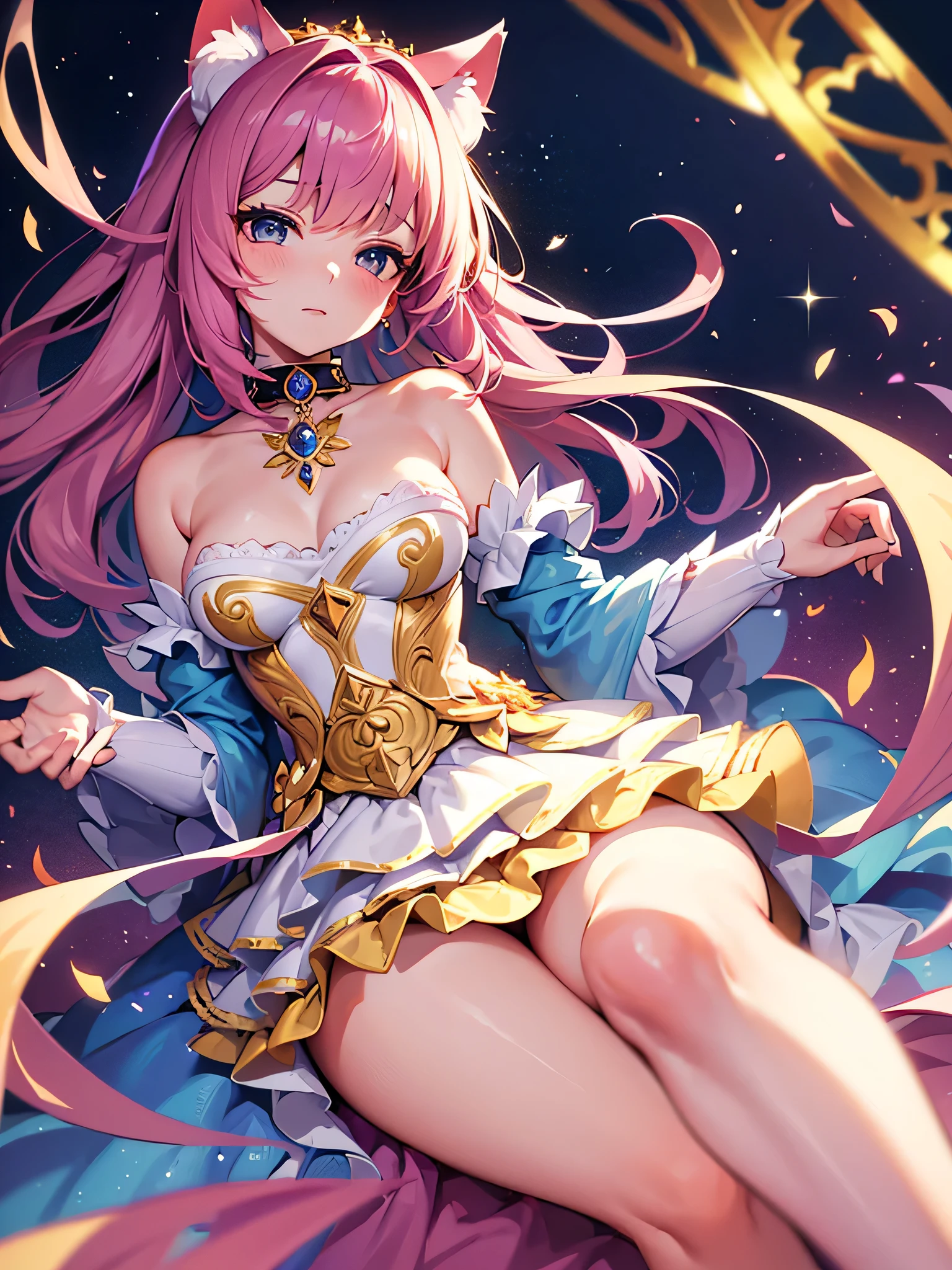 masterpiece, 8k, sharp focus, high resolution, princess, beautiful girl, fantasy princess dress, y multi-layered tiered ballgown, magical girl, collar, sharp focus, intricately detailed dress design, colorful, whimsical, fantasy, magical, cat ears, sexy