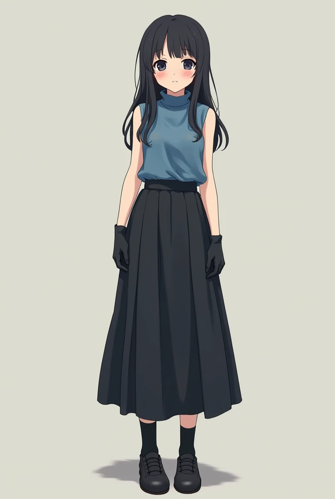 Anime girl with armpit stains wearing blue sleeveless turtleneck tucked in long black skirt with black socks and black shoes and also black gloves