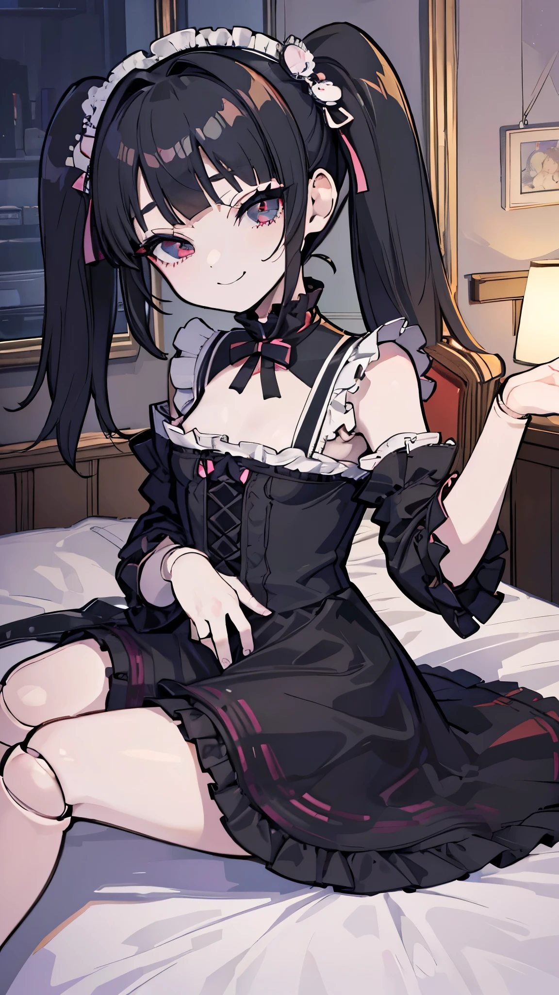 masterpiece、Highest quality、Very detailed))、One person、Black Hair、Black Hair、twintails、blunt bangs、Grey Eyes、evil smile、((Small breasts))、((gothic lolita))、((doll joints))、Cowboy Shot、Sit on the bed、((Dimly lit room))、Bedroom Background