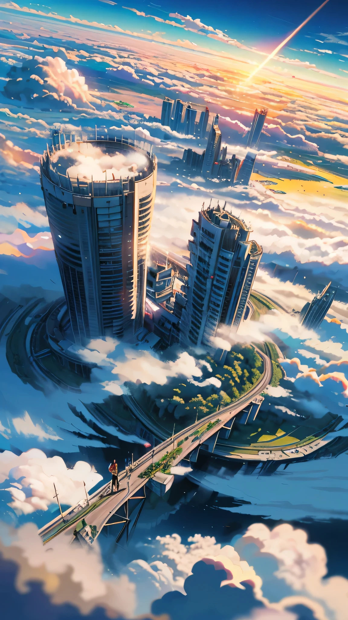 octane rendering,bioluminescence,8K resolution concept art,realism,by Mappa studios,masterpiece,top quality,official art,illustration,ligne claire,(cool_color),perfect composition,absurd,fantasy Focus,(aerial),(above the clouds:1.4),(finely drawn modern city:1.3),(modern city towering above the clouds:1.2),epic,(focus_girl:1. 2),(girl in city peak of Broken bridge),girl sitting alone at foot of bridge looking into distance (girl in city peak of Broken bridge),detailed uniform,calm expression,bird's eye view,wind blowing,fantastic plants,book,giant world tree,movement,(depth of field),stretched shot,view from above