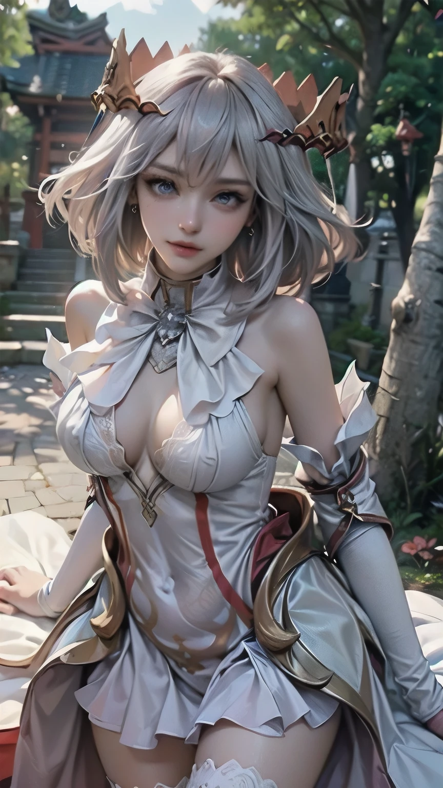 Landscape of an woman, Landscape of a very beautiful woman, (((cowboy shot))), ((Exposed Eyes))!!, full body photography with Fujifilm XT3, depth of field, film grain, (High Brightness), (High Contrast), (((female focus)))!!, exposed eyes, Tobiichi Origami/(Date A Live/), anime style, (leaning against a single tree)!!, (flower plain)!!, japanese shrine, There are birds in the sky, There are butterflies, japanese shrine, The sky is blue, looks at the camera with Beautiful grey pupil's eyes, (Beautiful grey pupil's eyes like mirror :1.40)!!, (((homochromatic eyes)))!!!, Stars in her fixed eyes, Ultra detailed eyes, seductive smile, beautiful smile, gorgeous smile, (Blush)!! Perfect nose, Cute little nose, Earrings, beatiful face, Face Clean, Skin, hyper realistic, Incredibly detailed face, hyper detailed face, A face with a lot of detail, Perfect eye shadow, wink, Hyper-Detailed Eyes, Hyper-detailing of eyebrows, Hyper-detailed eyelashes, white hair between eyes, white hair bangs, (ultra shine white hair)!!, (short smooth straight hair)!!, (flying head crown)!!, ((dynamic composition)), ((Bare Shoulders))!!, detached sleeves, (((wear spirit costume)))!!!, detailed realistic clothes, neck garter, seductive armpit, plump breasts, (Breasts covered with white lace)!!, ultra seductive temptation, charming pose, open skirt, slim legs, petticoat, fishnet legs, stockigs, smooth thighs cleavage, garter thighs, leather shoe, erotic, Best Quality, Masterpiece, Ultra-detailed, Beautiful, hight resolution, Original, CG 8K, perfect photo, dramatic lighting, (Realistic) Realistic, Full HD, Best Quality, Best Quality, Beautiful lighting, (8k wallpaper of extremely detailed CG unit), High Details, sharp-focus, The art of dramatic and photorealistic painting, (flower plain)!!, (leaning against a single tree)!!, japanese shrine, There are birds in the sky, There are butterflies, japanese shrine, The sky is blue, dynamic composition
