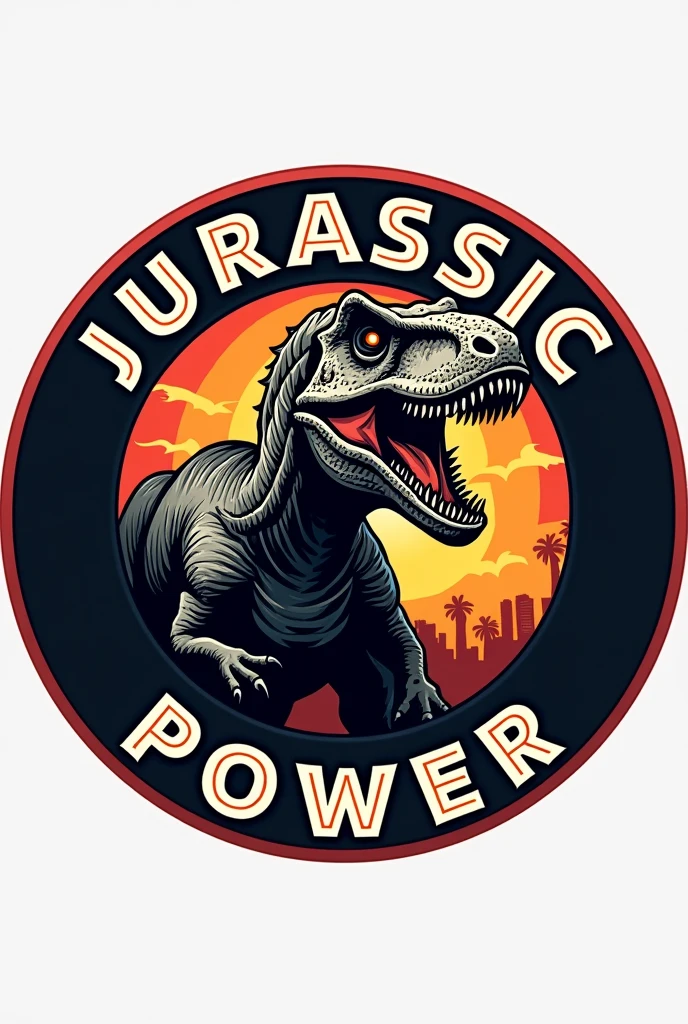 Circular logo with only a velociraptor in the center and saying Jurassic power around the logo
