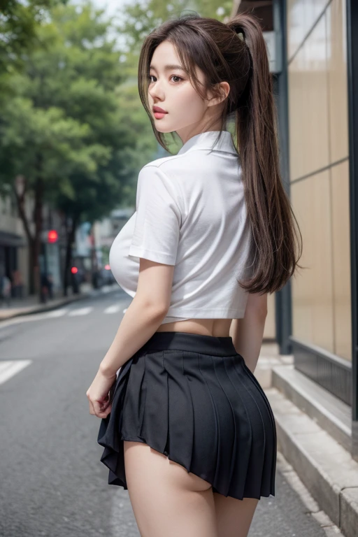 1girl in、(Super beautiful)、(beauitful face:1.5)、Japanese high school  girl、(Back view)、(is standing)、(Full body shot)、(Show me your ass:1.3)、with spreading legs、(Face turns around:1.3)、(Looking at the camera)、(A detailed face:1.8)、(A detailed eye:1.5)、(Detailed lips:1.5)、(Detailed nose:1.5)、(Sky from below:1.4)、(Showing white panties:1.3)、(high-school uniform)、(plaid skirts:1.2)、(Sidewalks in Shibuya)、(At SFW:1.3)