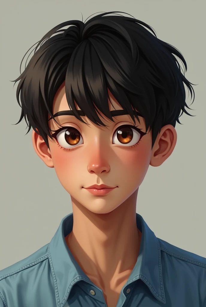 Semi-realistic image of a 19-year-old boy, thin body, medium complexion, He is wearing a denim shirt. Her skin is brown, straight black hair. He has bushy eyebrows, light brown eyes