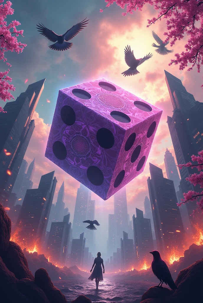 I need a poster with a combination of elements: A 20 dnd dice, city pop style background colors with a city on fire, cherry blossoms, sharks across the sky and crows.
