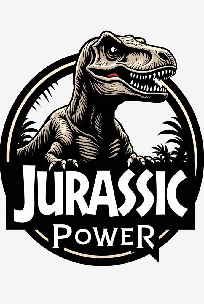 Circular logo with only a velociraptor in the center and saying Jurassic power around the logo