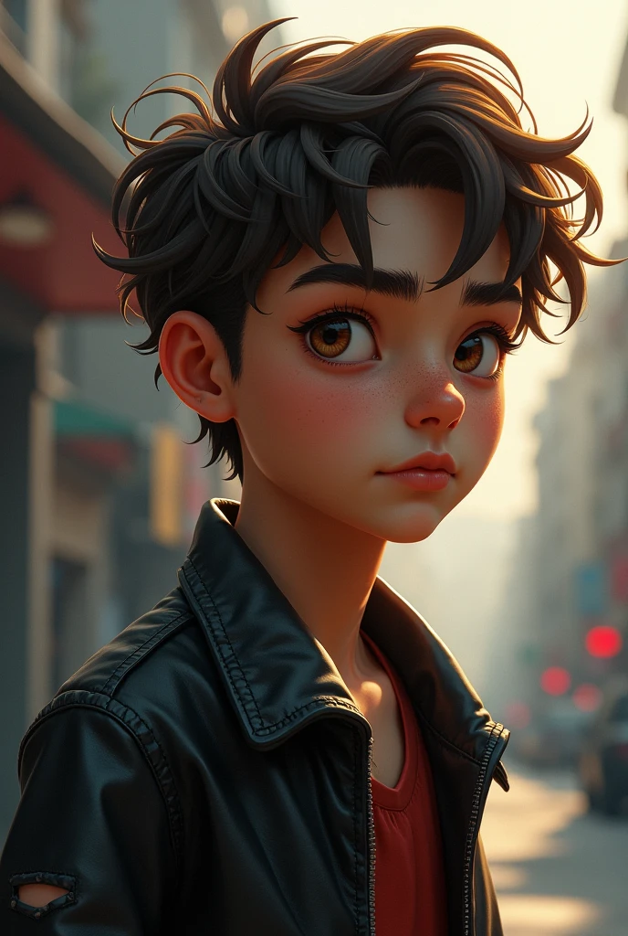 A teenage boy, who reached puberty early, her hair is short, slightly wavy and brown, your skin is a little darker, giving it a caramel color, he has a bad boy style