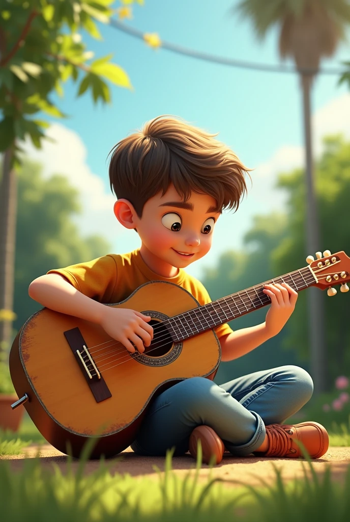 A boy playing the guitar in the afternoon