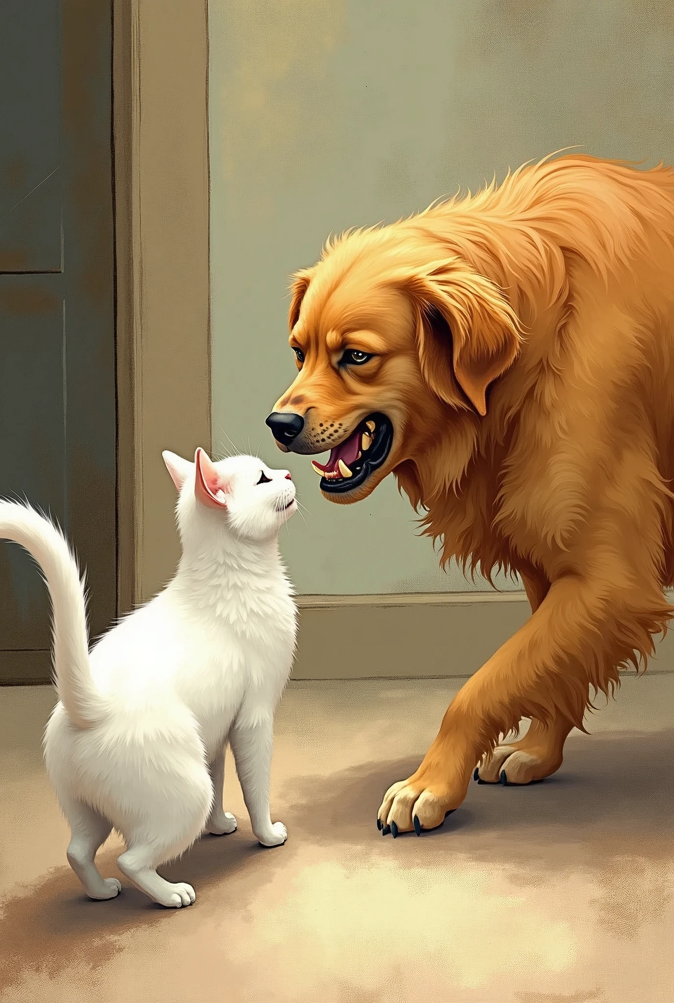 a cat and a dog, The cat is white, The dog is a golden retriever fighting, book style