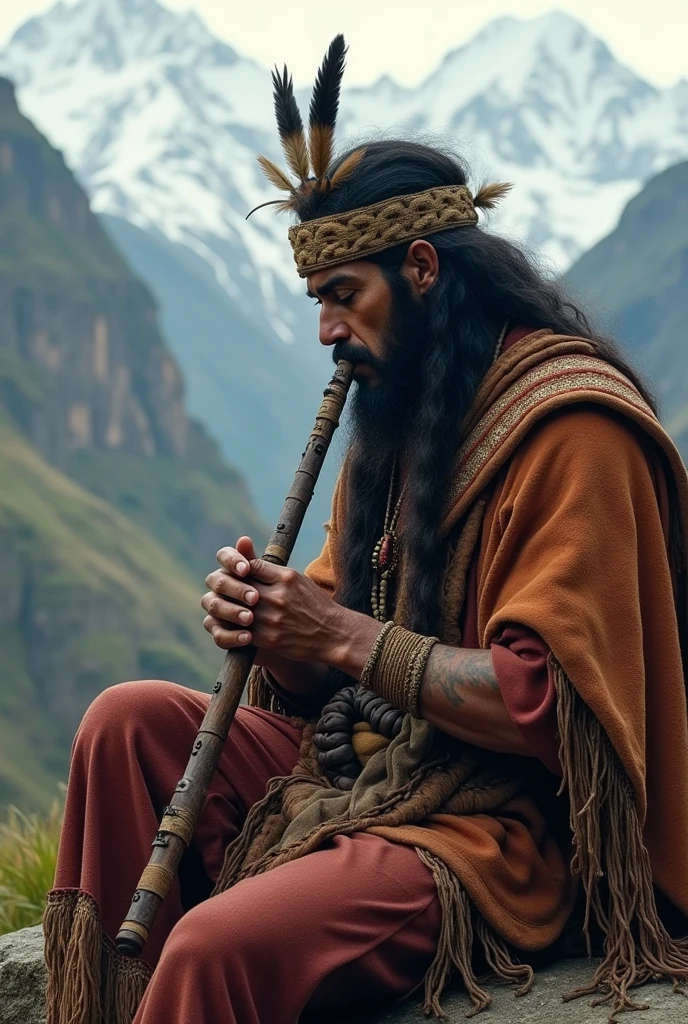 Viracocha sits sadly, remembering his beloved while playing his quena.