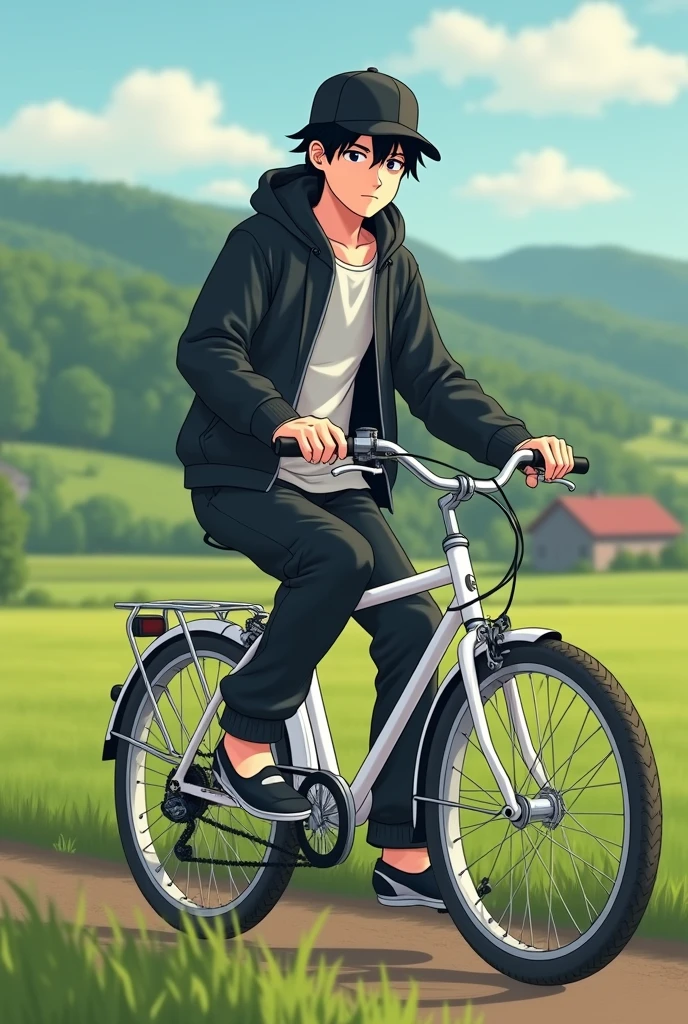 Draw a teenager from the countryside,with a white bike. He's wearing a black jacket and a white shirt, Sweatpants. with black cap, he has black hair
