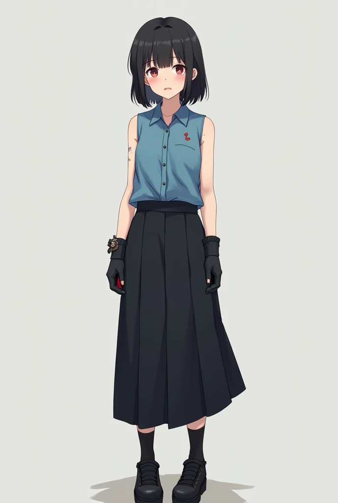 Anime girl with armpit stains wearing blue sleeveless collared shirt tucked in long black skirt with black socks and black shoes and also black gloves