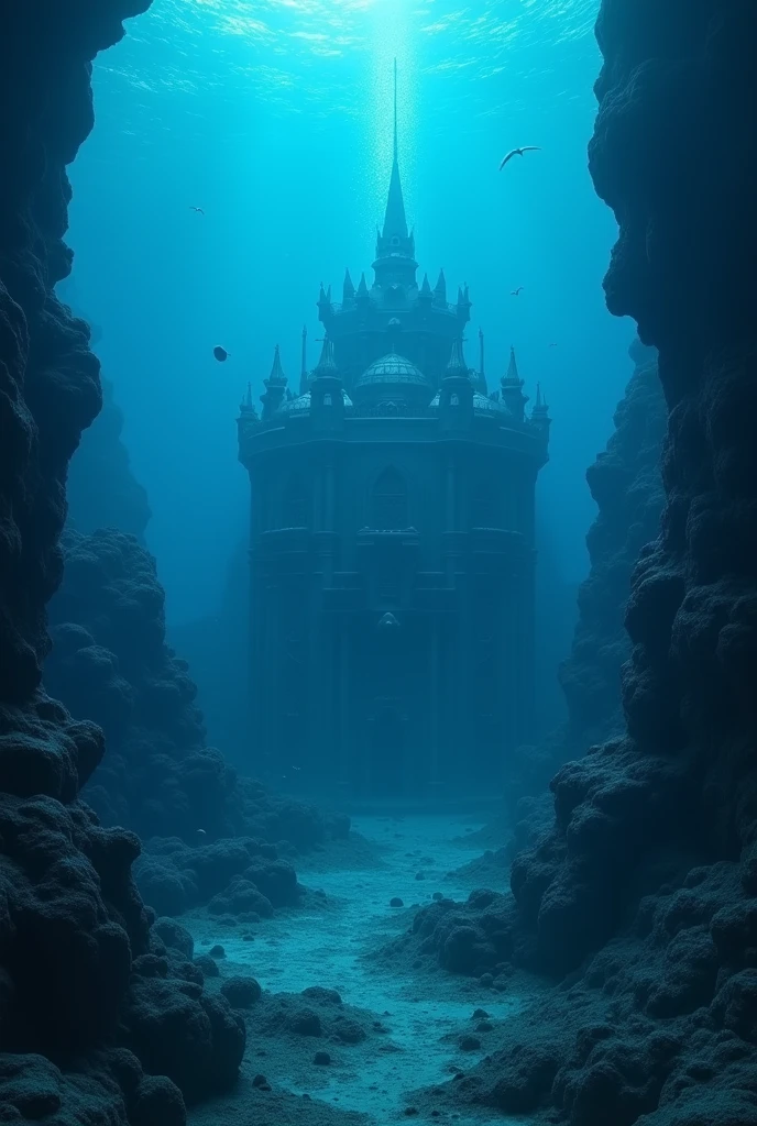 hyper realistic imagination cinematic shot of a mysterious underwater Atlantis city, shimmering in blue light.