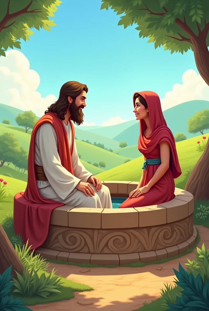 Biblical passage where Jesus talks to the Samaritan woman at a well, cute drawing
